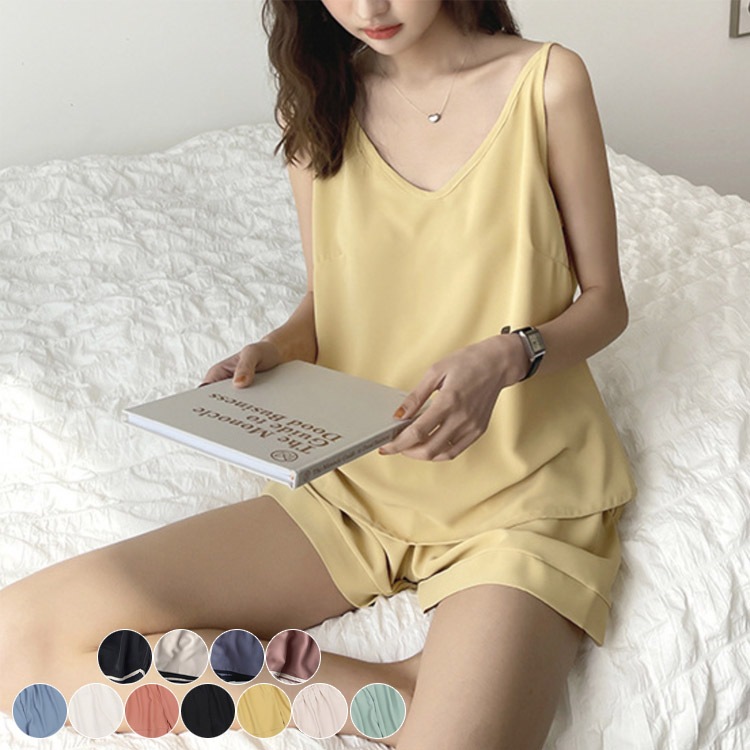 Vネック キャミソール ショートパンツ サテン ルームウエア