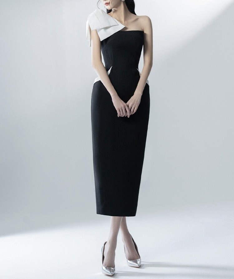 ビックリボン ワンショルダー ミモレ丈 タイトドレス