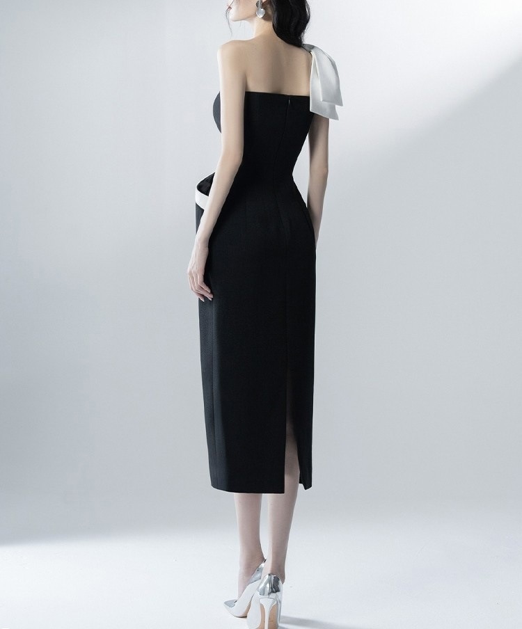 ビックリボン ワンショルダー ミモレ丈 タイトドレス