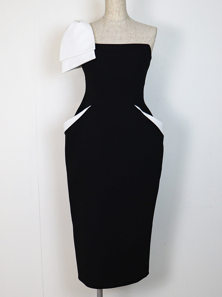 ビックリボン ワンショルダー ミモレ丈 タイトドレス