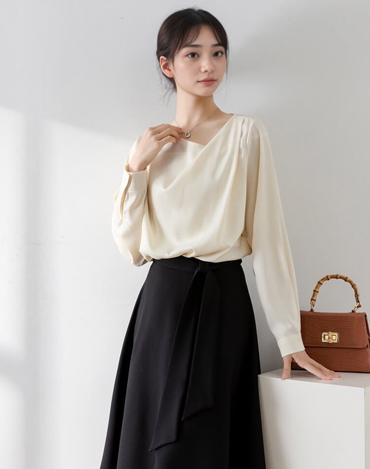 アシンメトリー Vネック きれいめ 長袖 ブラウス