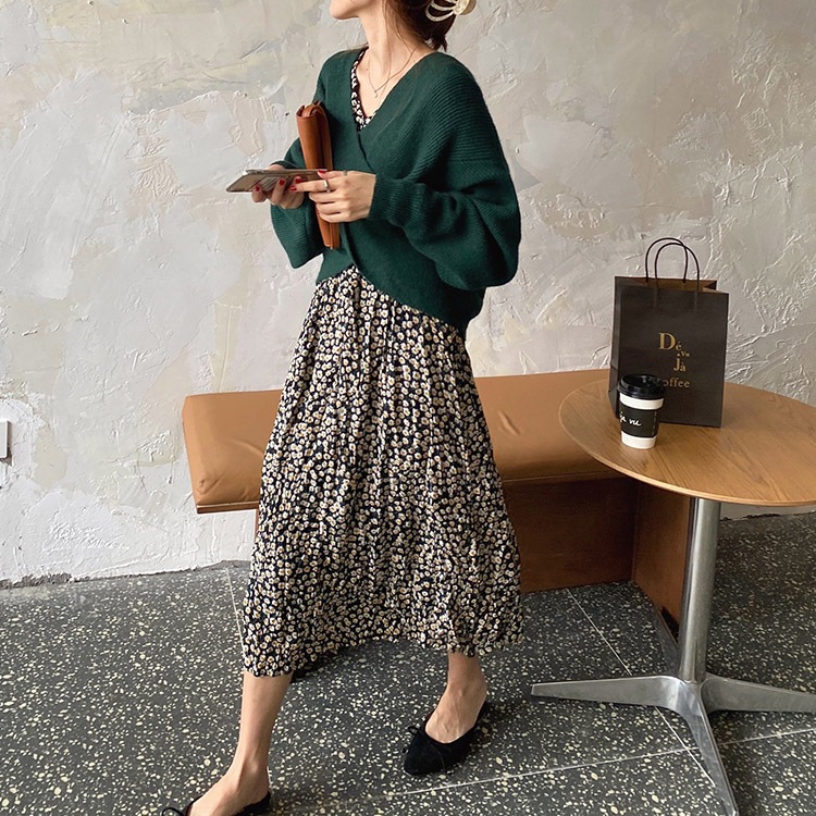 Vネック 花柄 ミモレ丈 ワンピース