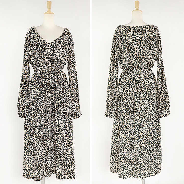 Vネック 花柄 ミモレ丈 ワンピース