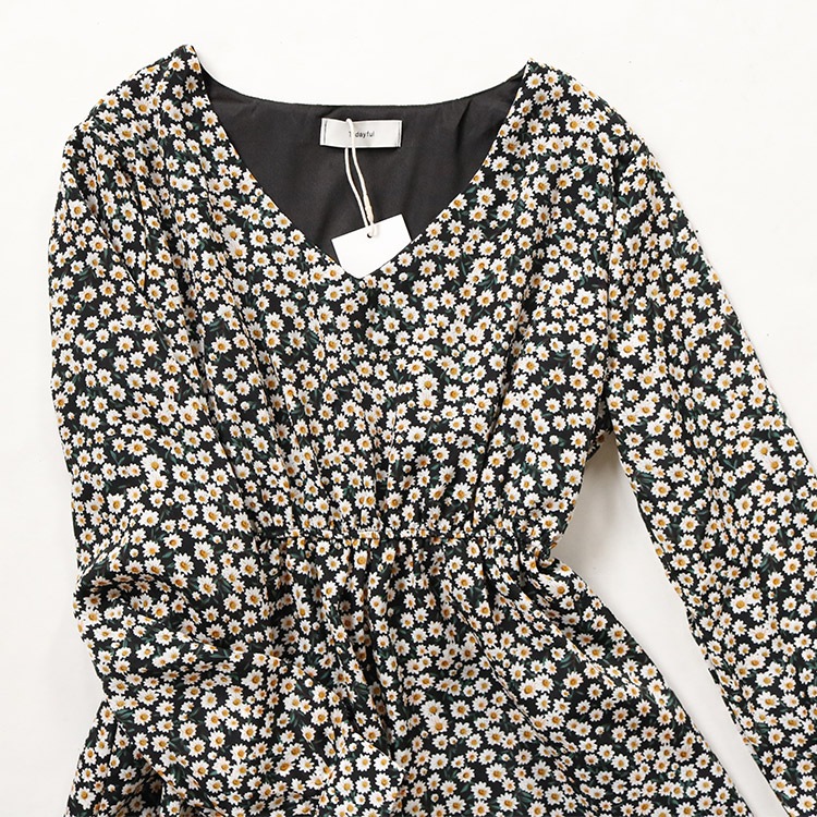 Vネック 花柄 ミモレ丈 ワンピース