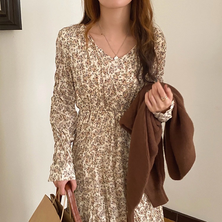 Vネック 花柄 ミモレ丈 ワンピース