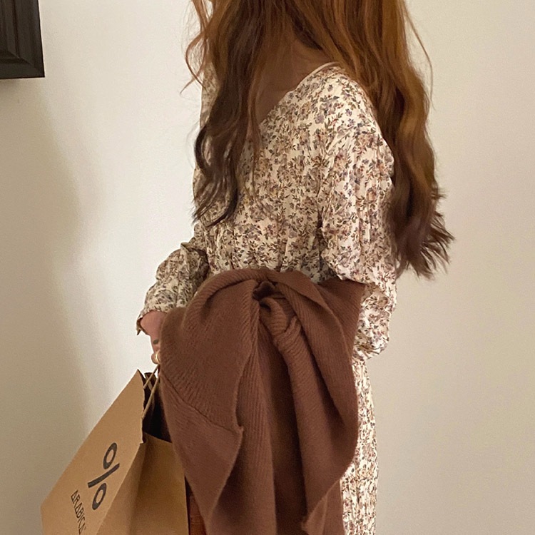 Vネック 花柄 ミモレ丈 ワンピース