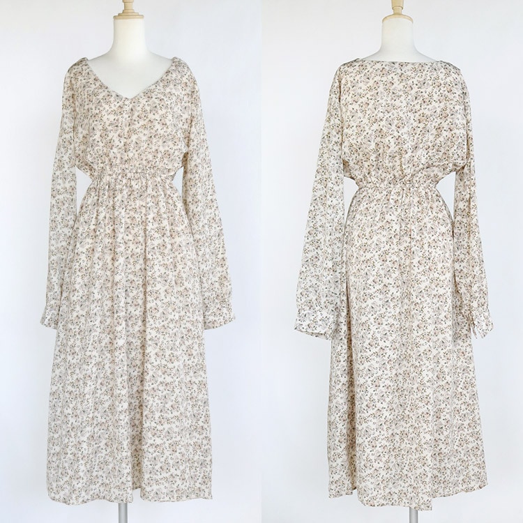 Vネック 花柄 ミモレ丈 ワンピース