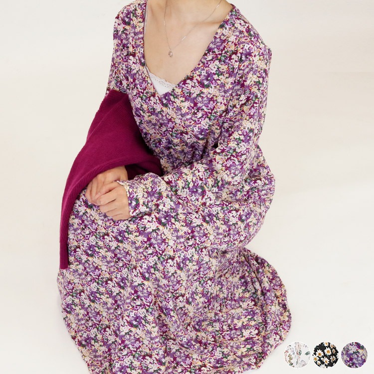 Vネック 花柄 ミモレ丈 ワンピース