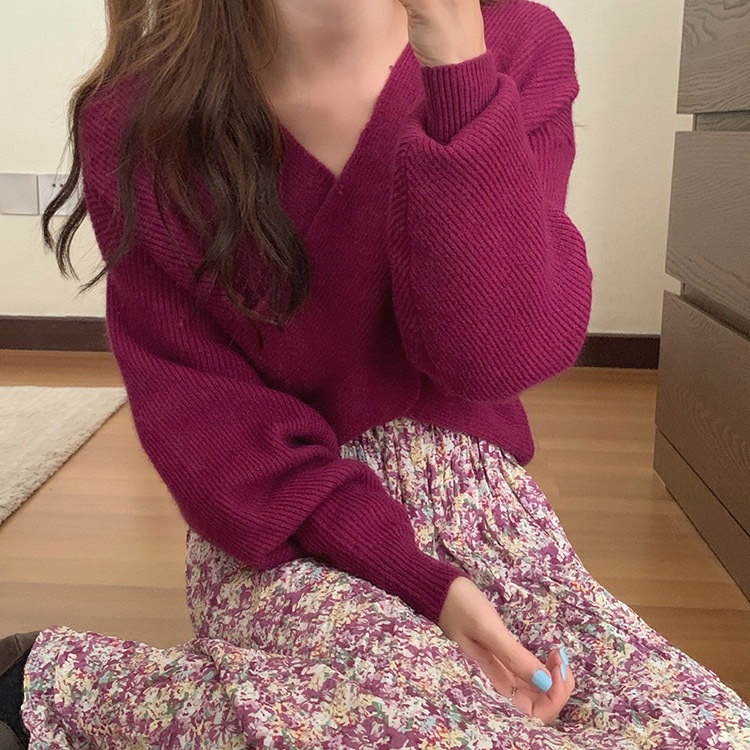 Vネック 花柄 ミモレ丈 ワンピース