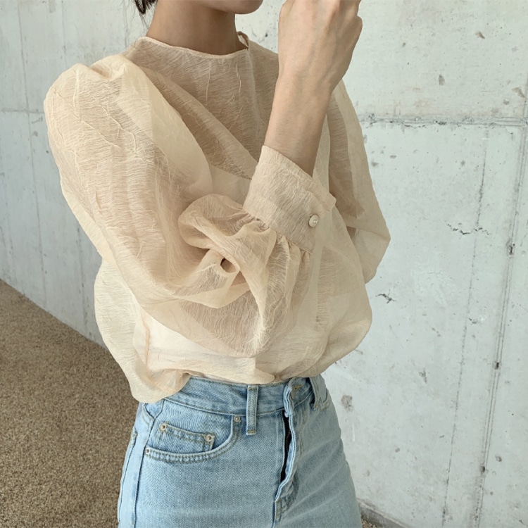 ぽわん袖 しわ加工 長袖 シアーブラウス