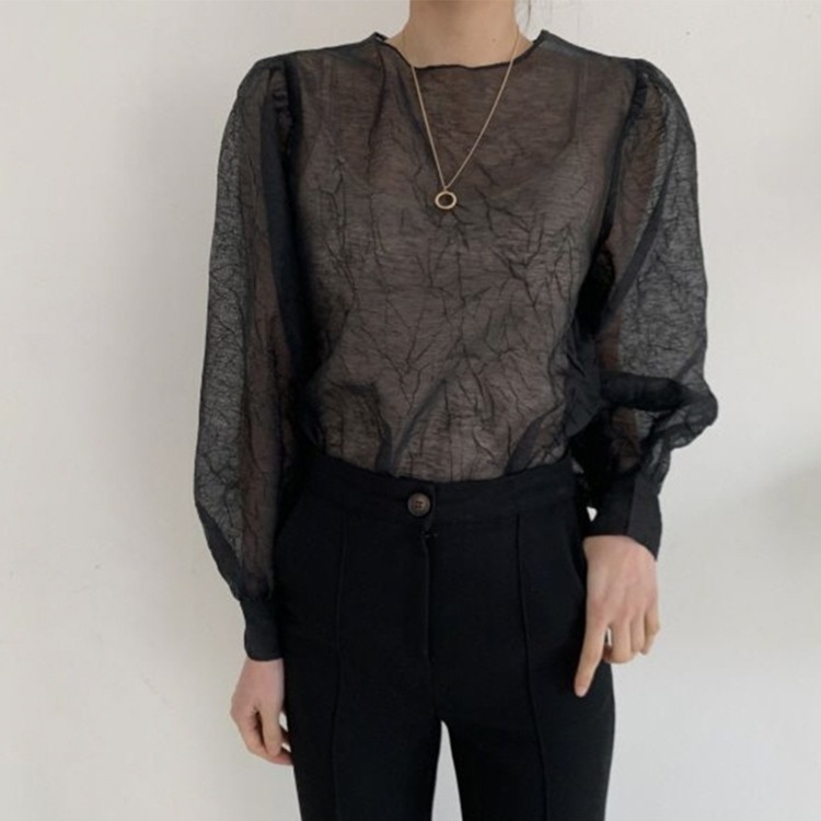 ぽわん袖 しわ加工 長袖 シアーブラウス