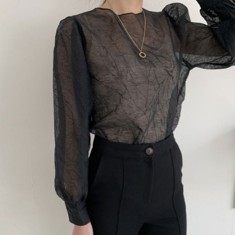 ぽわん袖 しわ加工 長袖 シアーブラウス