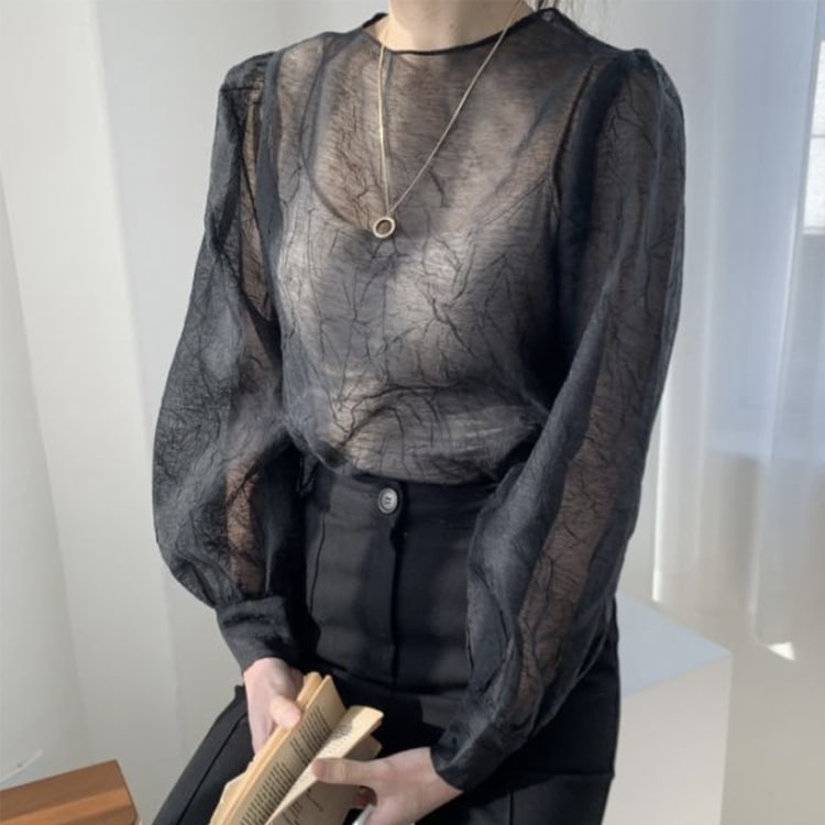 ぽわん袖 しわ加工 長袖 シアーブラウス