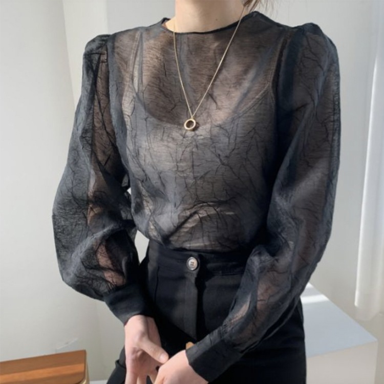 ぽわん袖 しわ加工 長袖 シアーブラウス