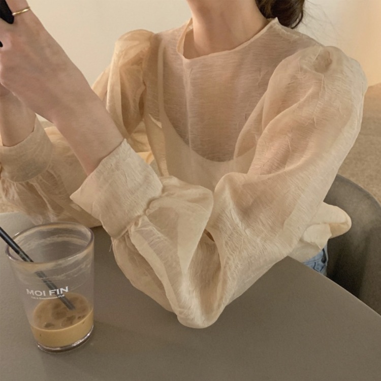 ぽわん袖 しわ加工 長袖 シアーブラウス