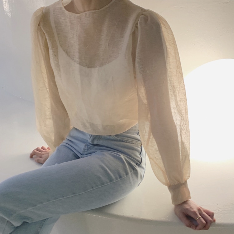 ぽわん袖 しわ加工 長袖 シアーブラウス