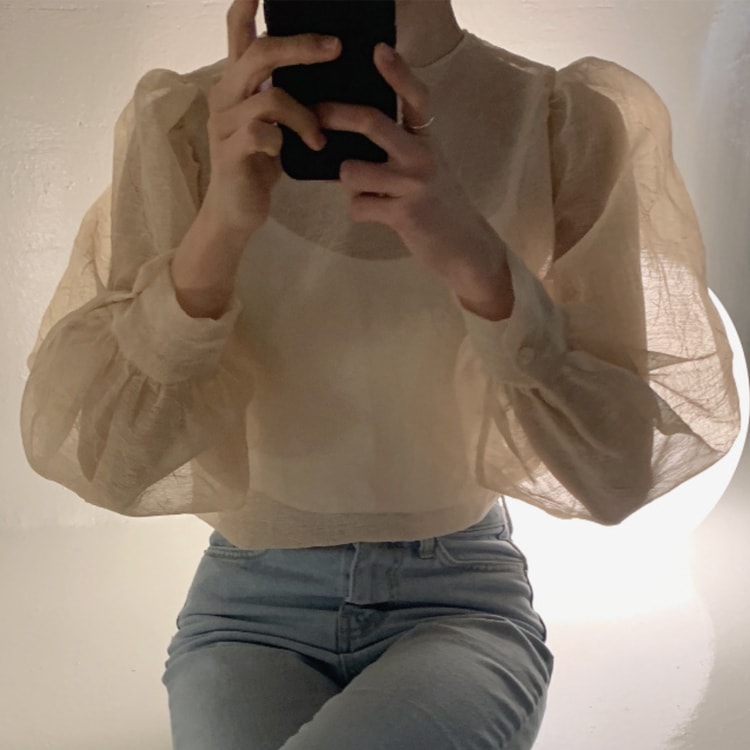 ぽわん袖 しわ加工 長袖 シアーブラウス