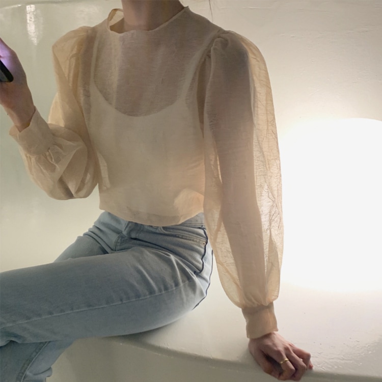 ぽわん袖 しわ加工 長袖 シアーブラウス