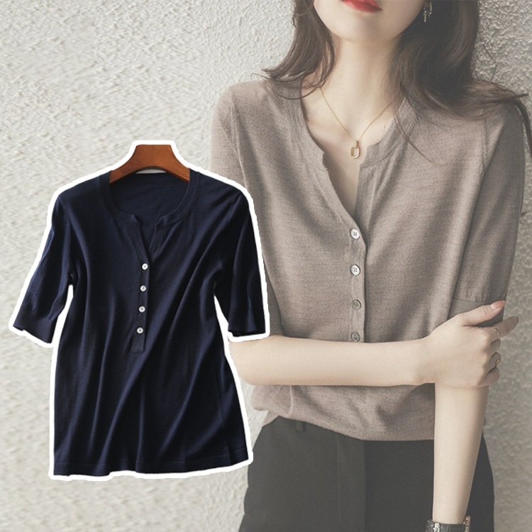 きれいめ ヘンリーネック 5分袖 Tシャツ | レディース