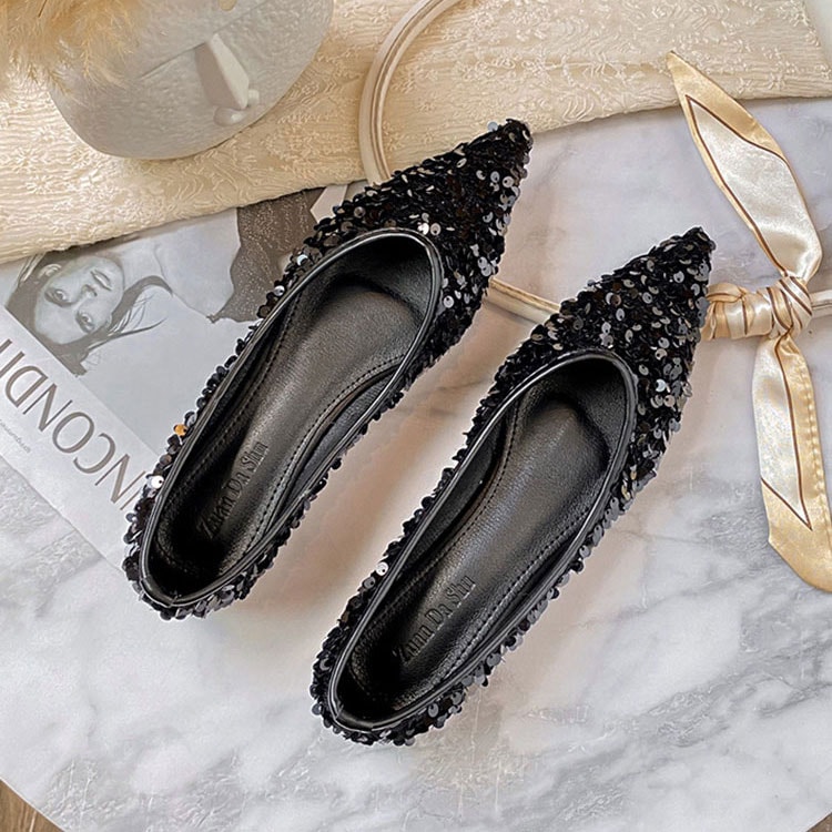 柔らかい スパンコール ポインテッドトゥ フラットパンプス