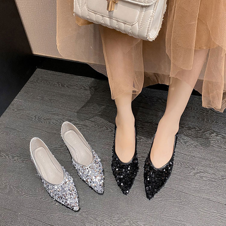 柔らかい スパンコール ポインテッドトゥ フラットパンプス