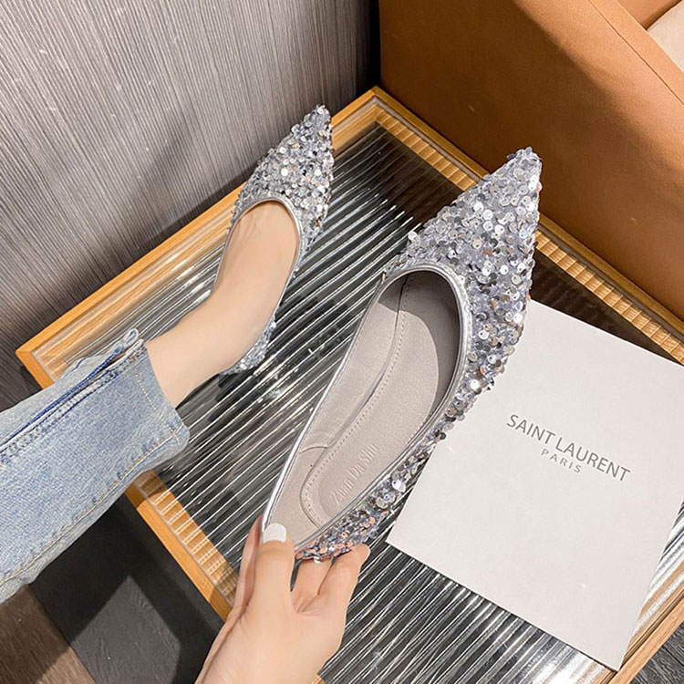 柔らかい スパンコール ポインテッドトゥ フラットパンプス