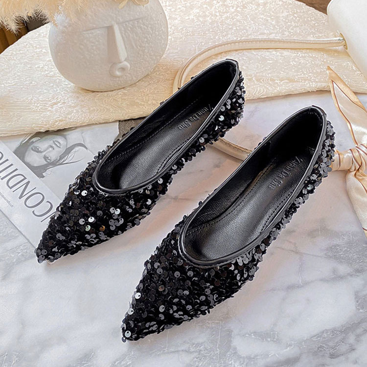柔らかい スパンコール ポインテッドトゥ フラットパンプス