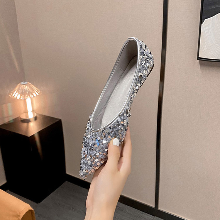 柔らかい スパンコール ポインテッドトゥ フラットパンプス