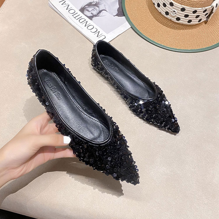 柔らかい スパンコール ポインテッドトゥ フラットパンプス