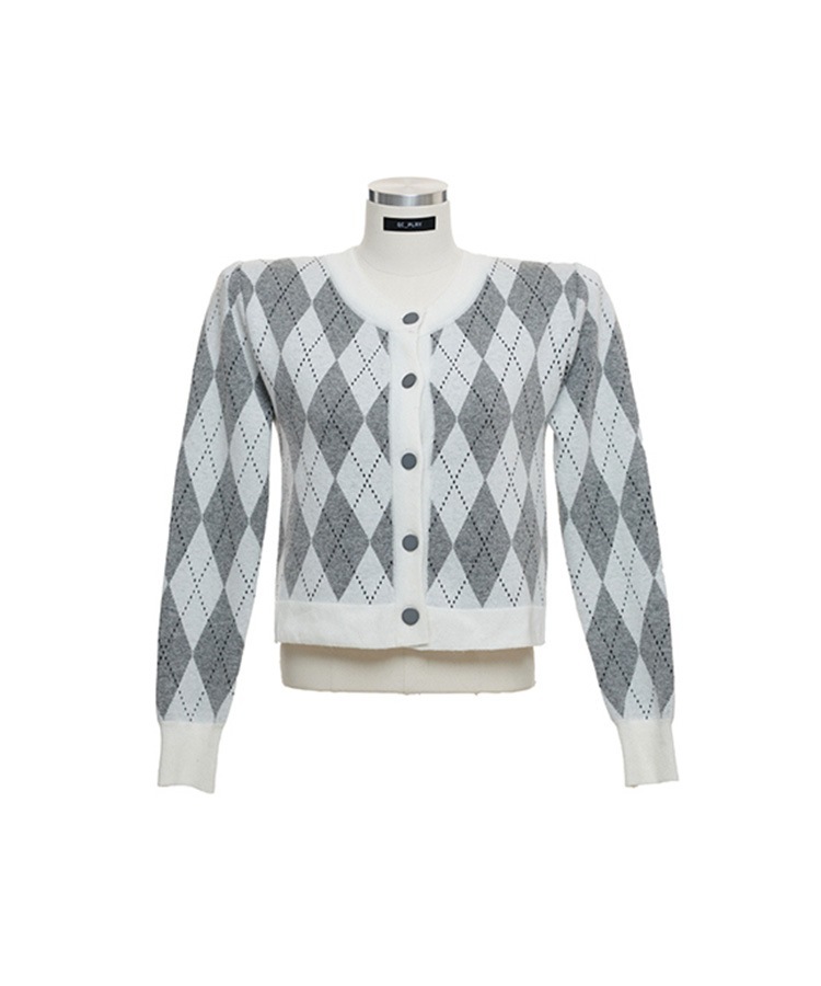 アーガイルチェック柄 ウール混 ニットカーディガン 

