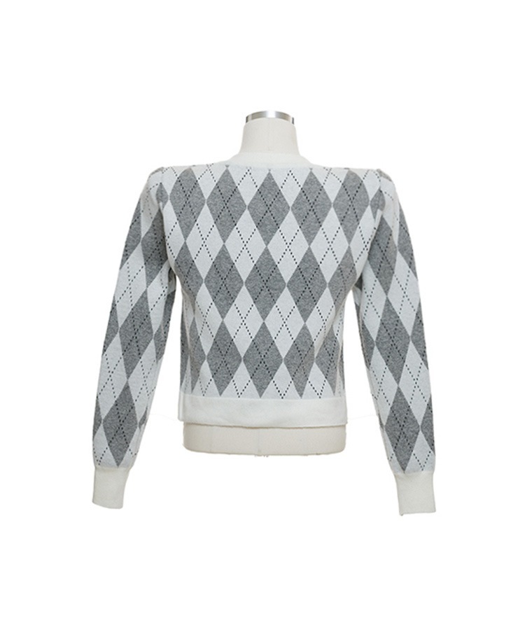 アーガイルチェック柄 ウール混 ニットカーディガン 

