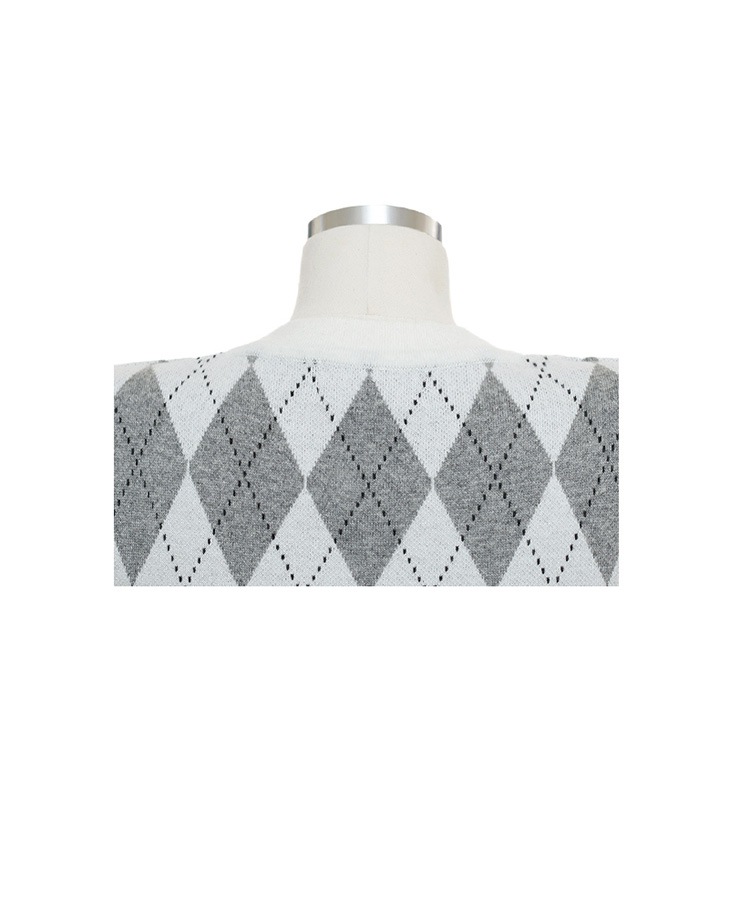 アーガイルチェック柄 ウール混 ニットカーディガン 

