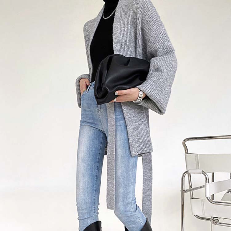 ベルト付き ざっくり編み ニットカーディガン