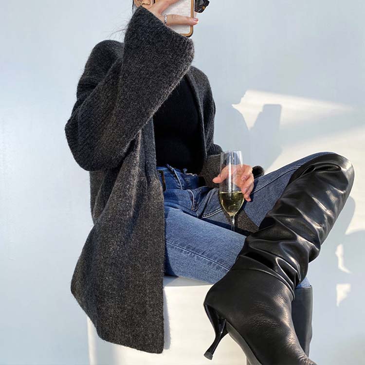 ベルト付き ざっくり編み ニットカーディガン