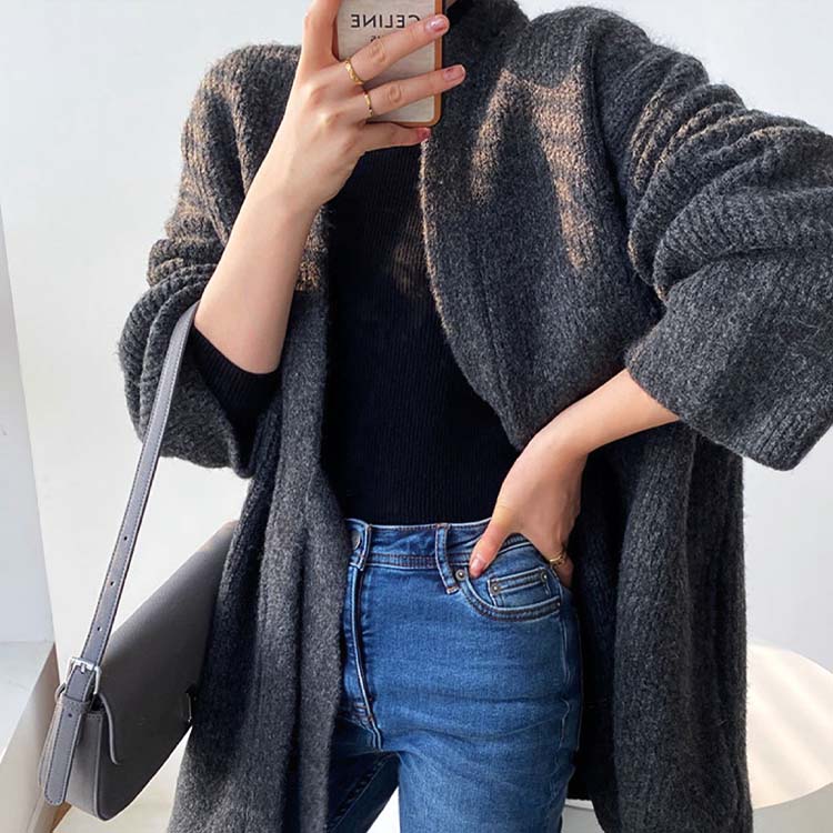 ベルト付き ざっくり編み ニットカーディガン