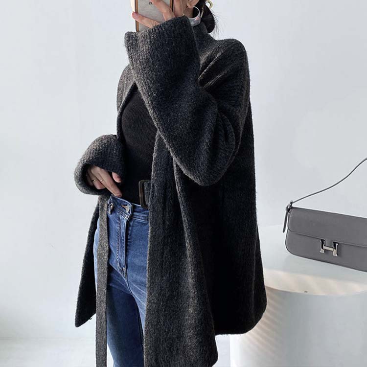 ベルト付き ざっくり編み ニットカーディガン