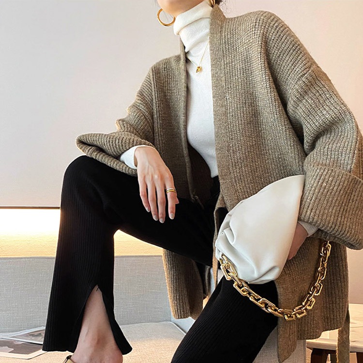 ベルト付き ざっくり編み ニットカーディガン