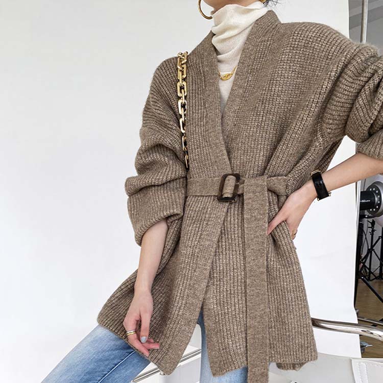 ベルト付き ざっくり編み ニットカーディガン