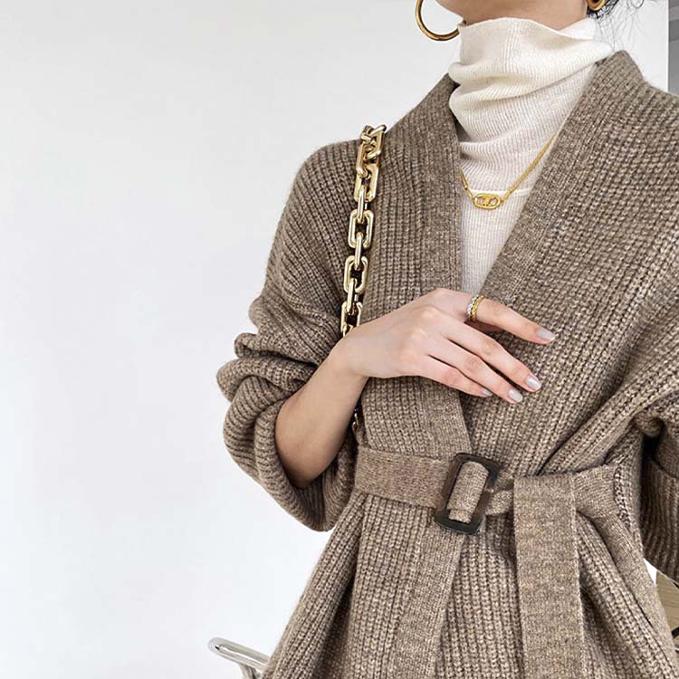 ベルト付き ざっくり編み ニットカーディガン