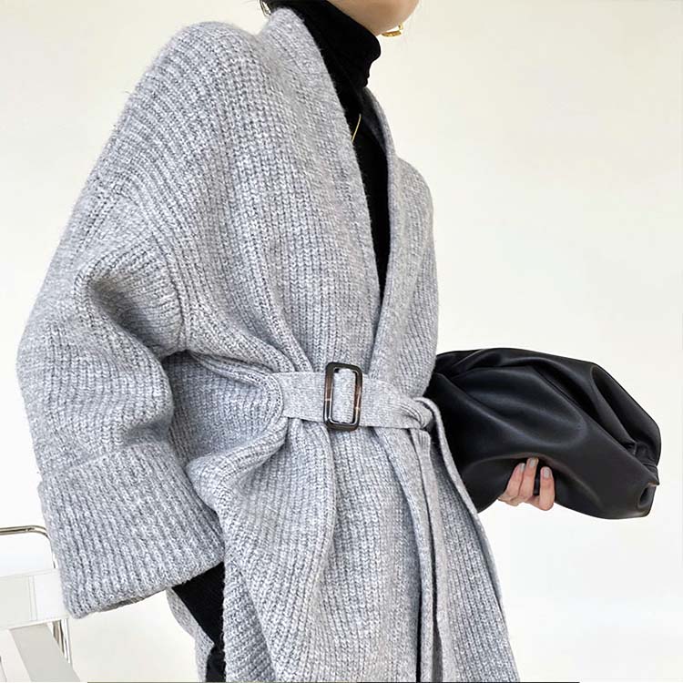 ベルト付き ざっくり編み ニットカーディガン