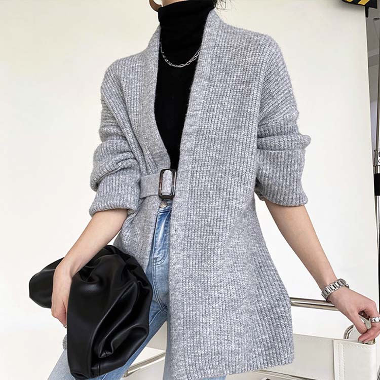 ベルト付き ざっくり編み ニットカーディガン