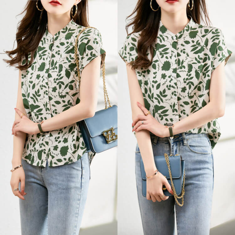 モックネック ボタニカル柄 半袖 シアーブラウス