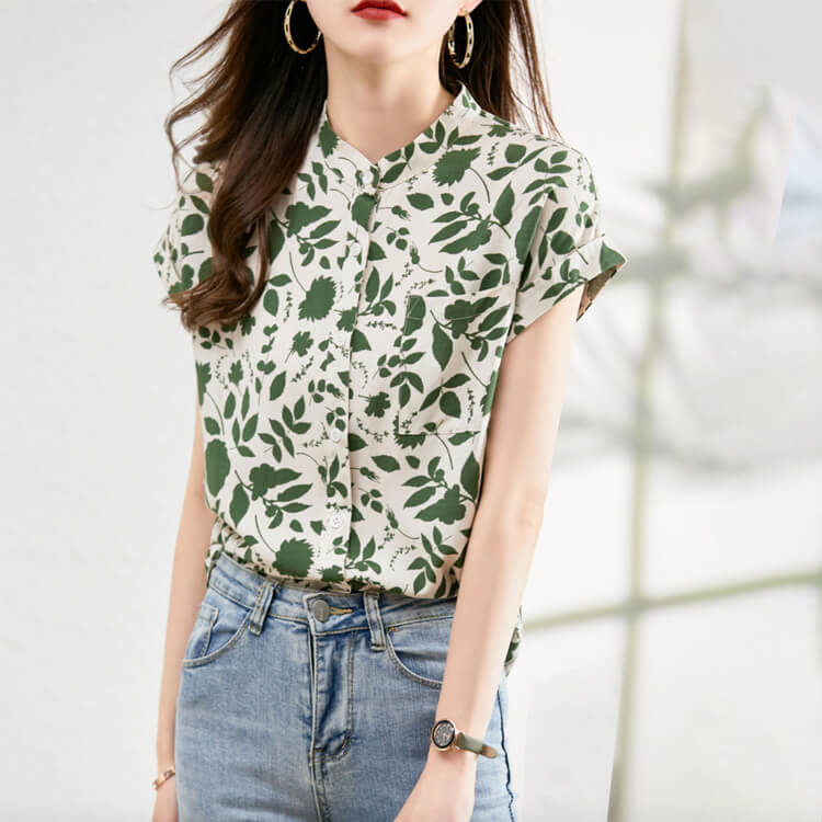 モックネック ボタニカル柄 半袖 シアーブラウス