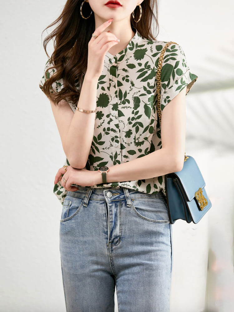 モックネック ボタニカル柄 半袖 シアーブラウス