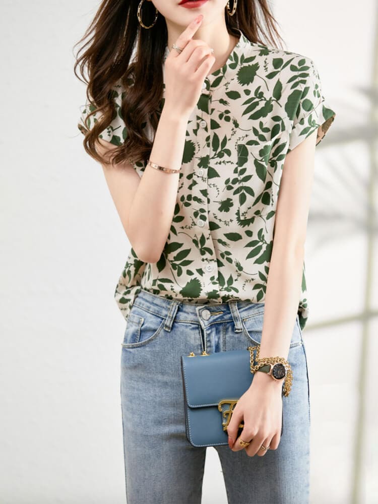 モックネック ボタニカル柄 半袖 シアーブラウス