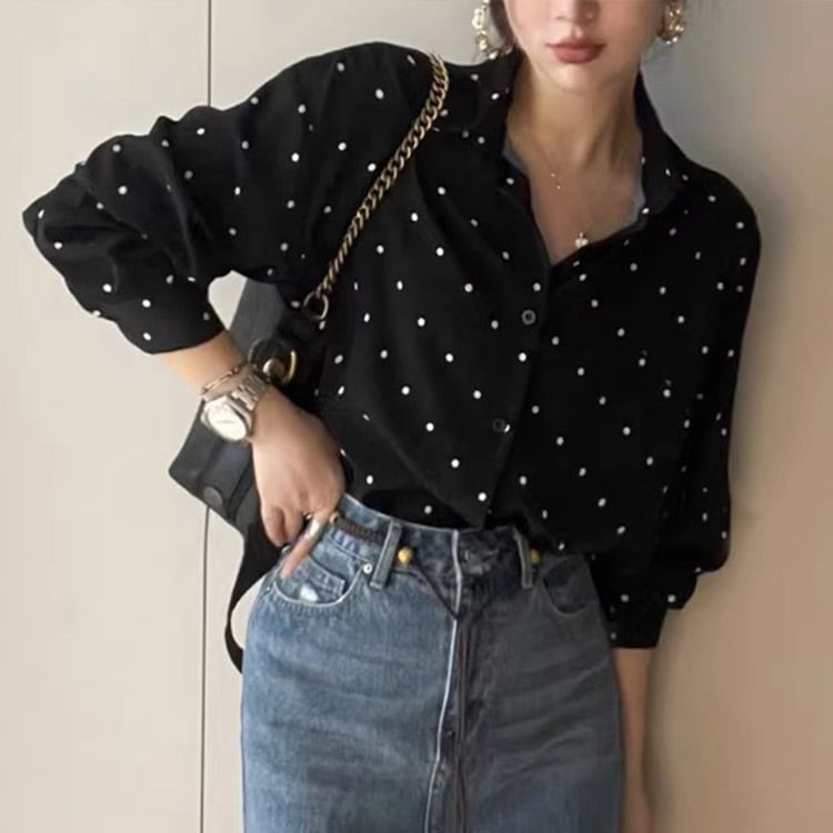 レトロな ドット柄 長袖 レディース ブラウス