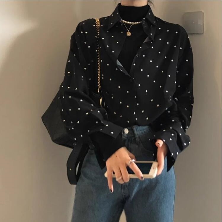 レトロな ドット柄 長袖 レディース ブラウス