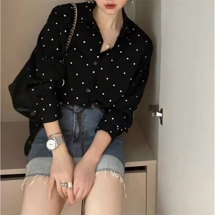 レトロな ドット柄 長袖 レディース ブラウス