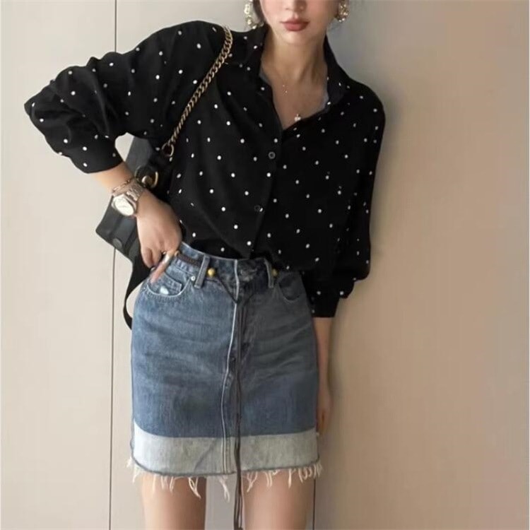 レトロな ドット柄 長袖 レディース ブラウス