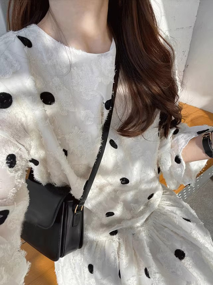 ドット柄 ジャガード 長袖 ティアード ロングワンピース